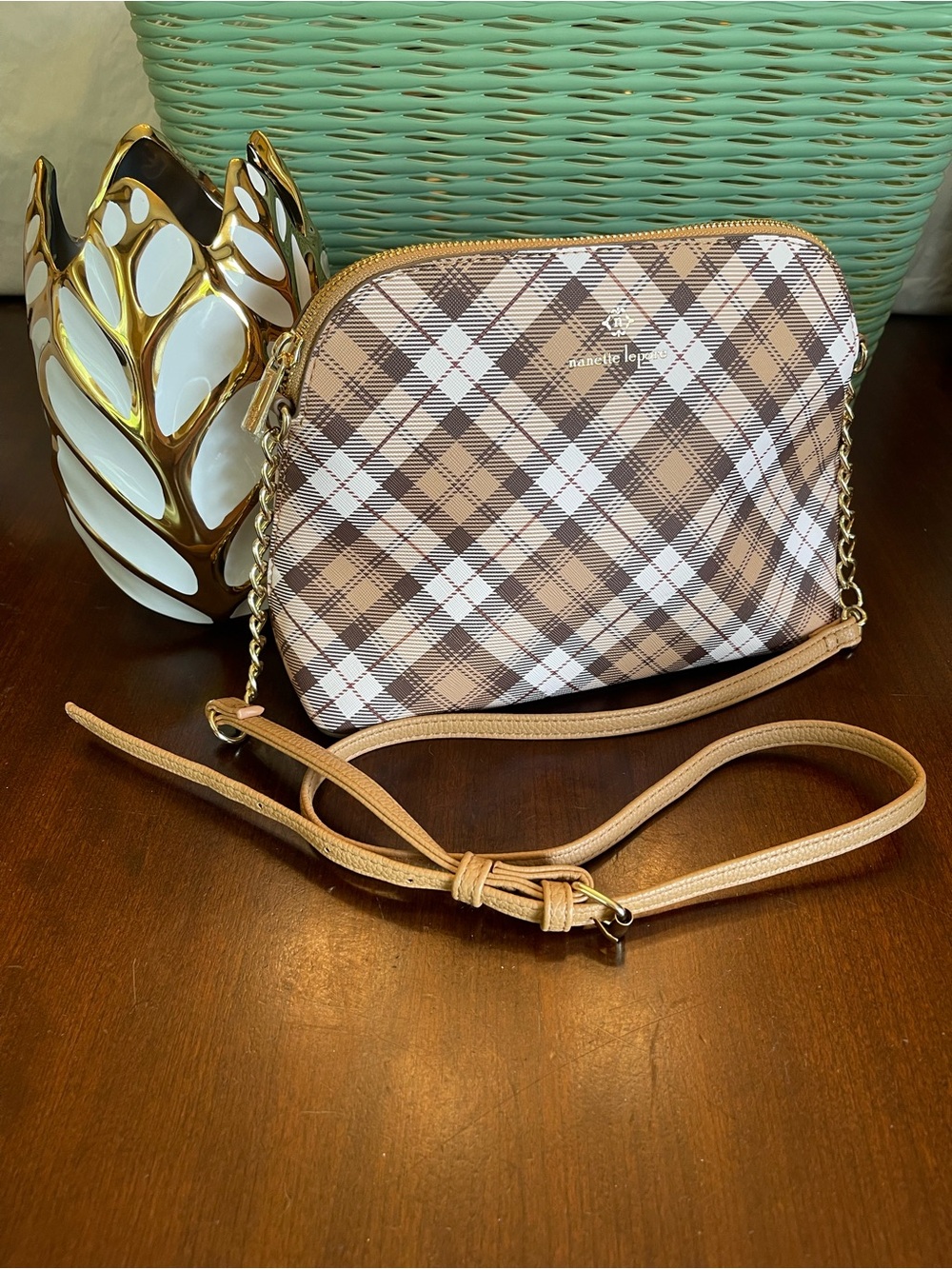 NWOT Nanette Lepore Bag, Plaid Domed Satchel Crossbody Bag In Brown, Tan & Cream